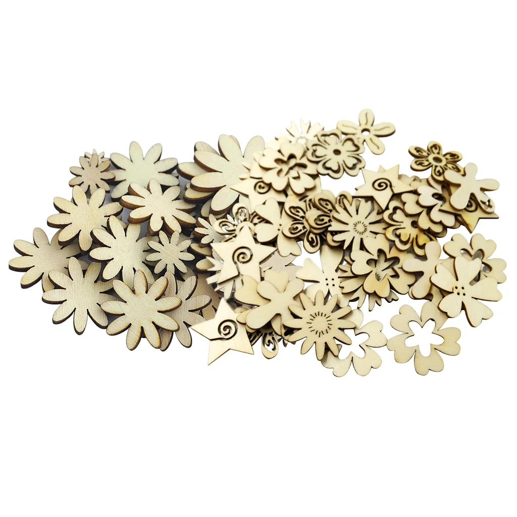 100x Unfinished Wood Flower Shapes Slices Embellishments for DIY