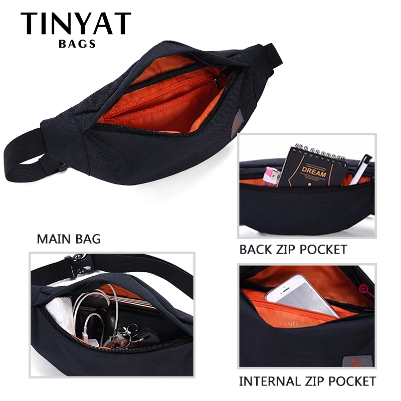 TINYAT جديد الرجال عارضة الخصر حقيبة ظهر العلامة التجارية قماش الكتف فاني حزم النساء حقيبة بحزام الحقيبة للمال الهاتف الأسود بوم الورك حقيبة