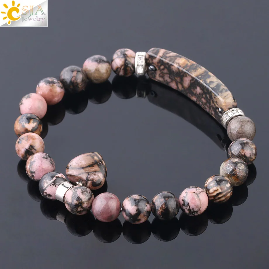 CSJA Natural Gem Stone Bangles Line Rhodonite Love Heart Fitting Healing Beads Bracelets Rectangle Stones for Women Jewelry F104
