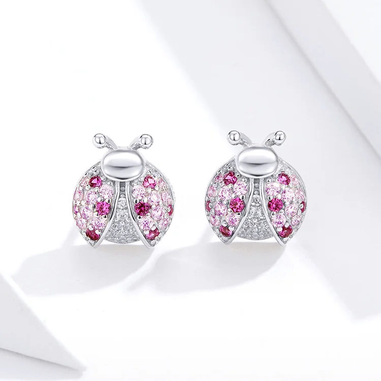 BISAER Ladybug Earrings 925 Sterling Silver Exquisite Insect Ladybugs Stud Earring For Women Party Luxury Fine Jewelry ECE715