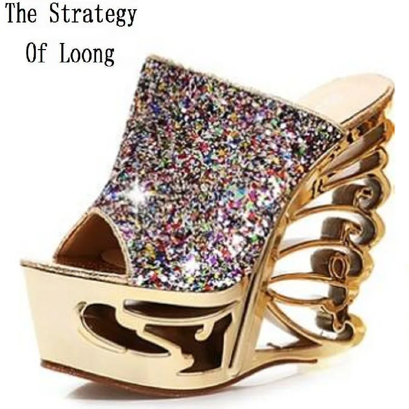 

Women 2019 New Arrival Summer Glitter Wedges Slippers Lady Sexy Cutout Platform Fashion High Heels Open The Toe Sandals