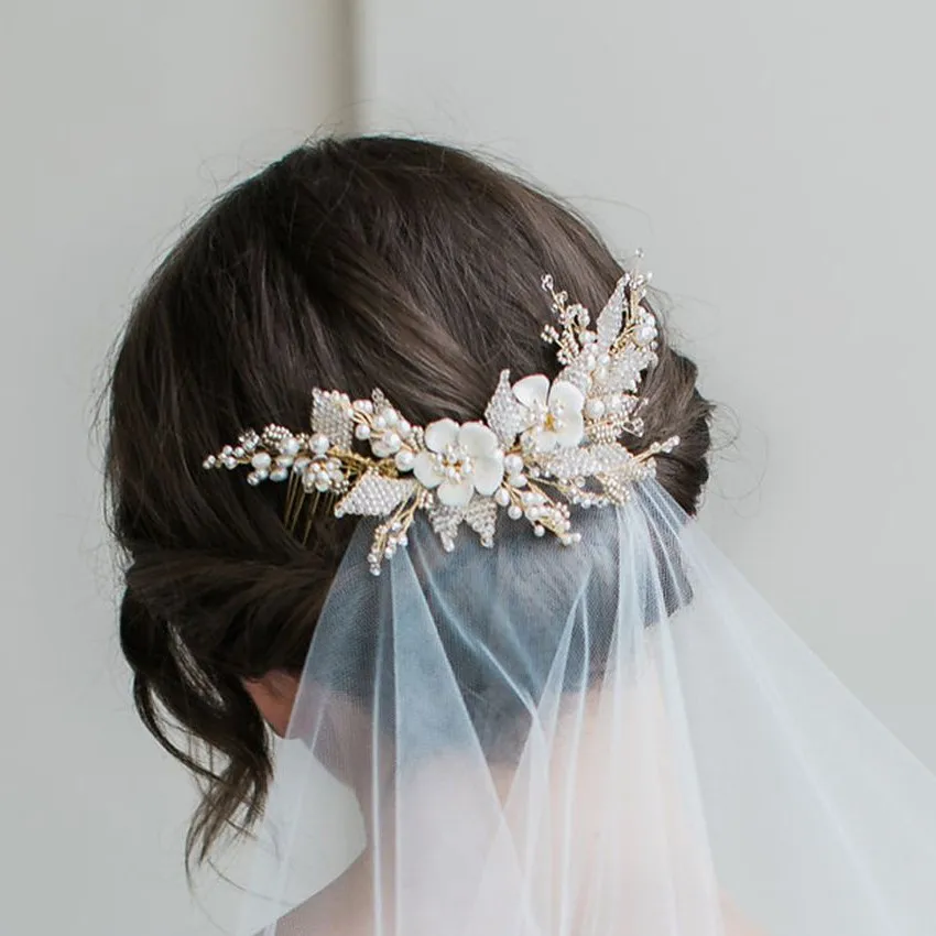 Handmade Wedding Hair Updo With Veil White Flower Hair Comb