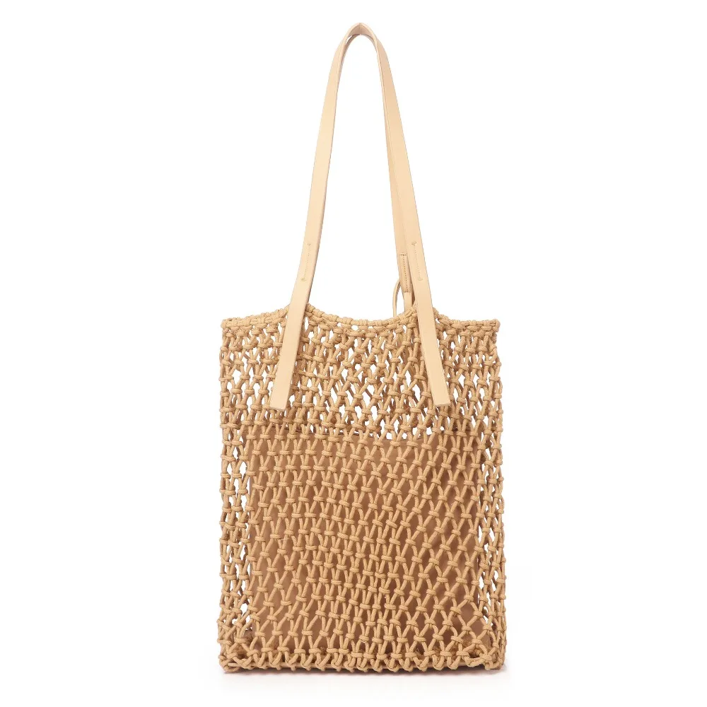 

2019 New Woman Fashion Popular Woven Bag Mesh Rope Weaving Tie Buckle Reticulate Skeleton Hollow Straw Bag Net Boho Beach bag