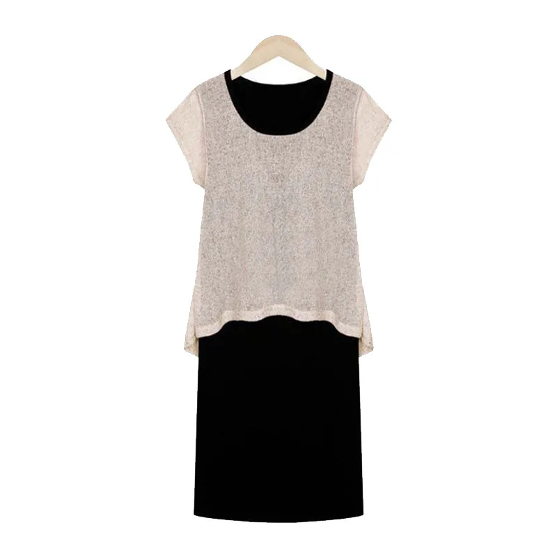 

2017 Summer States Large Size Women Fat short-sleeved Long Section Slim Thin Fake Two Pieces Of Cotton And Linen Dress