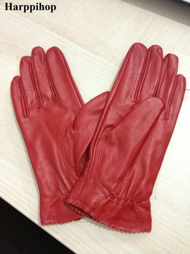 Женские перчатки из натуральной кожи, красные перчатки из овчины, осенние и зимние модные женские ветрозащитные перчатки