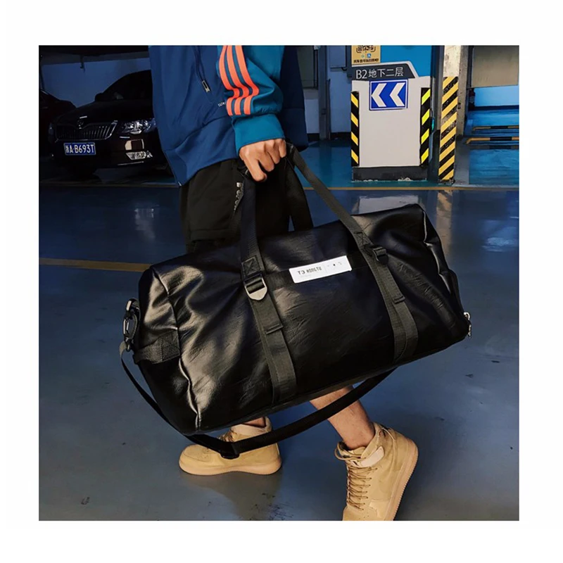  Personality Men's Black Sports Bag PU Leather Simple Multi-function Large Capacity Fitness Bag - 33010612999