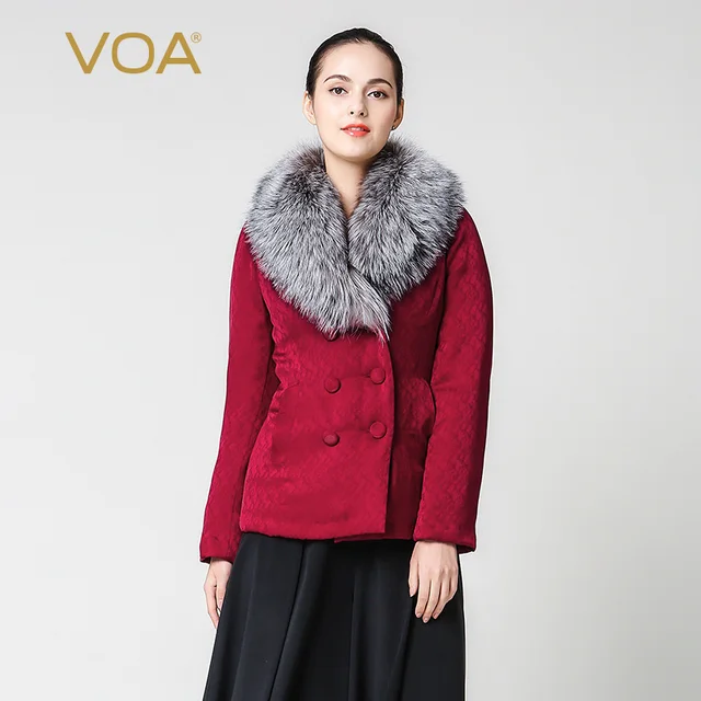 Cheap Soild red single breasted silm short parkas luxury brand fox fur collar silk dobby down winter thickening winter coat M6306