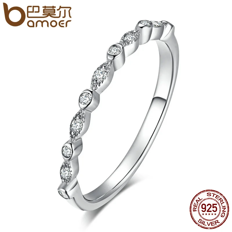 BAMOER Authentic 925 Sterling Silver Dazzling AAA Zirconia Stackable Ring for Women Wedding Jewelry Girlfriend Gift SCR084