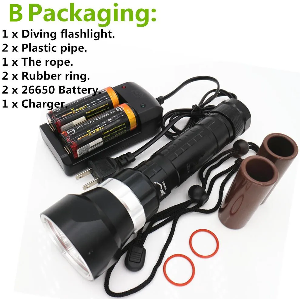B have 26650 battery XM-L2x4 для плавания, светодиодный фонарик, фонарь для дайвинга, водонепроницаемая подводная лодка, 200 м, Мощные Фонари для дайвинга+ 2 аккумулятора 26650+ зарядное устройство - Испускаемый цвет: B have 26650 battery