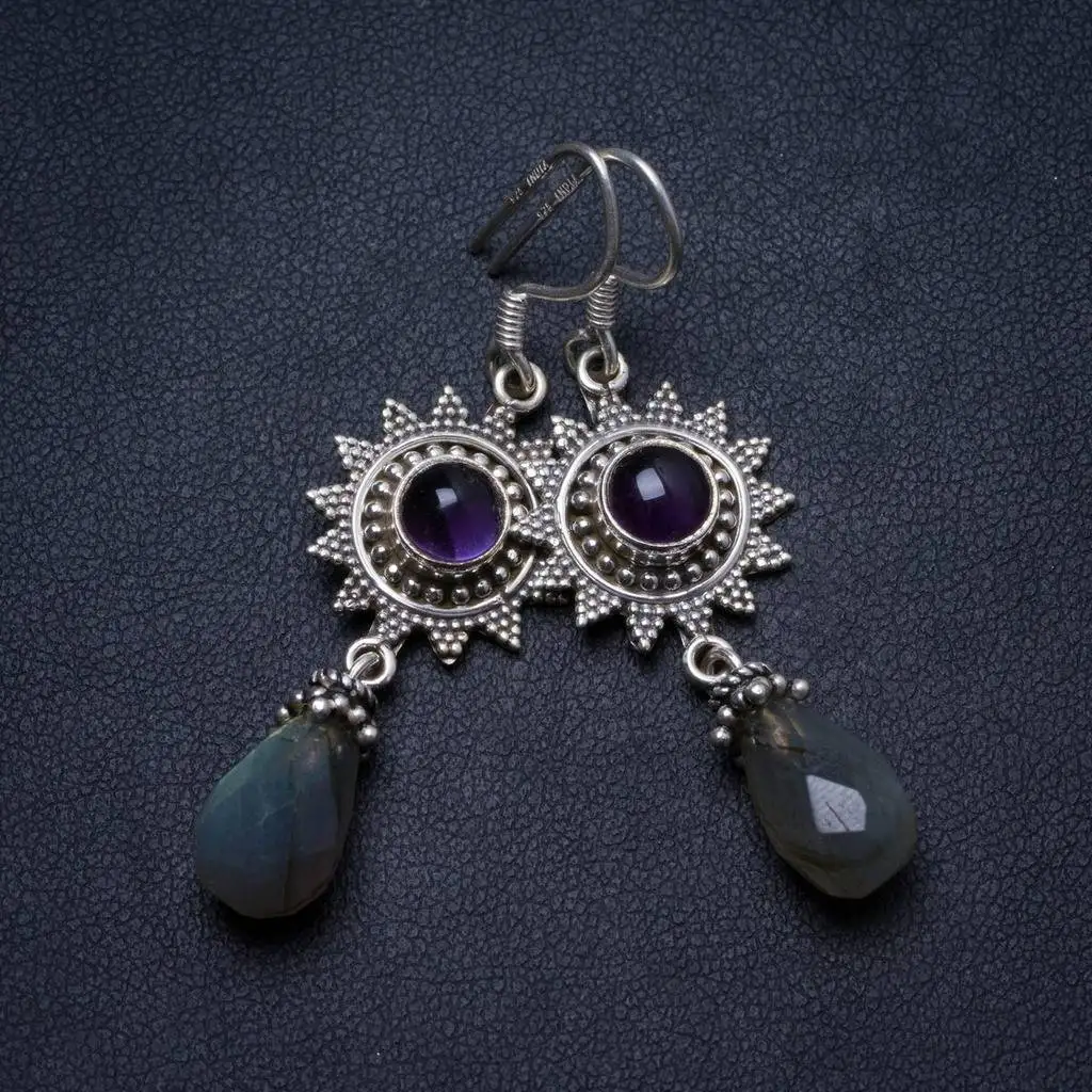

Natural Labradorite and Amethyst Handmade Unique 925 Sterling Silver Earrings 2" X3344