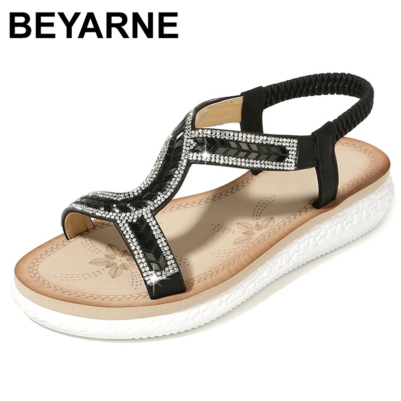 Женские пляжные сандалии BEYARNE белые на платформе с кристаллами для прогулок лето