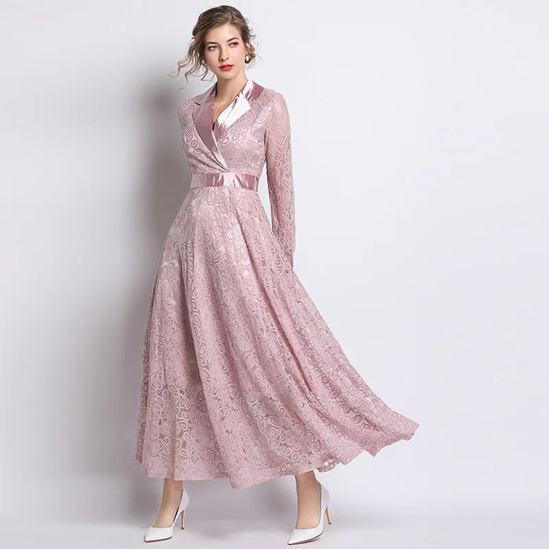 

Women's Vintage Notched Neck Slim Lace Long Dress Elegant Pink Evening Party Maxi Dresses Vestidos Female