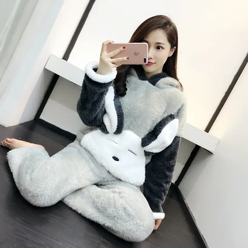 

Pajamas women winter thick coral fleece round neck cartoon cute long-eared rabbit pyjamas hooded ladies home clothes warm pijama