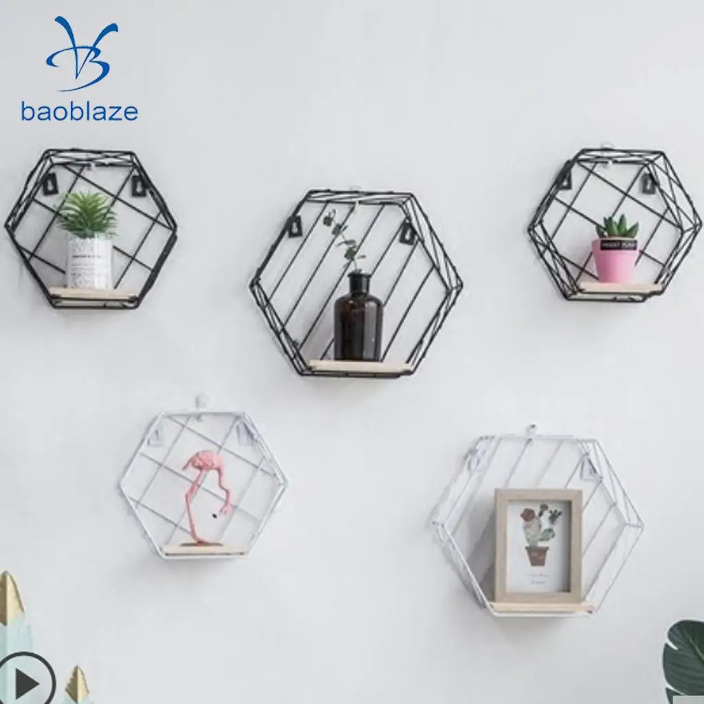 Baoblaze Hexagon Iron Wooden Wall Shelf Shadow Box Display Rack Shelf Storage Unit for Home Bedroom Balcony Passway