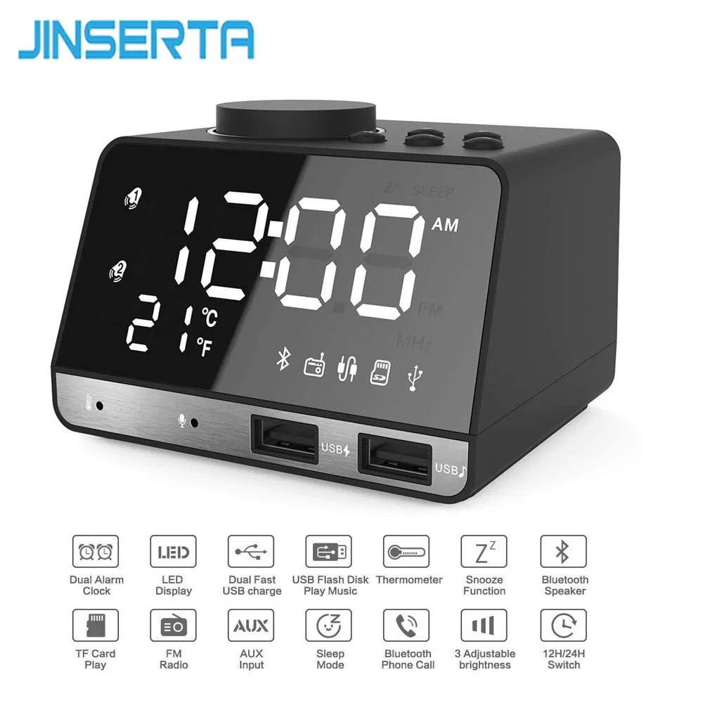 

JINSERTA LED FM Radio Wireless Bluetooth Music Player with MIC for Hansfree Support TF Card USB Charge Port Temperature Display