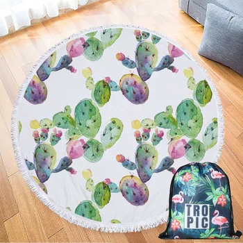 

Flowering Cactus Summer Round Beach Towel with Drawstring Backpack Bag Bath Shower Towels Yoga Mat Sofa Cover with Tassels