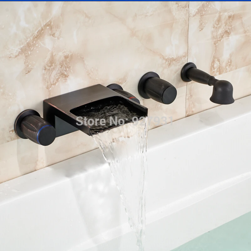 New Arrive Oil Rubbed Bronze Waterfall Spout Bath Tub Mixer Faucet Set Wall Mounted Three Handles