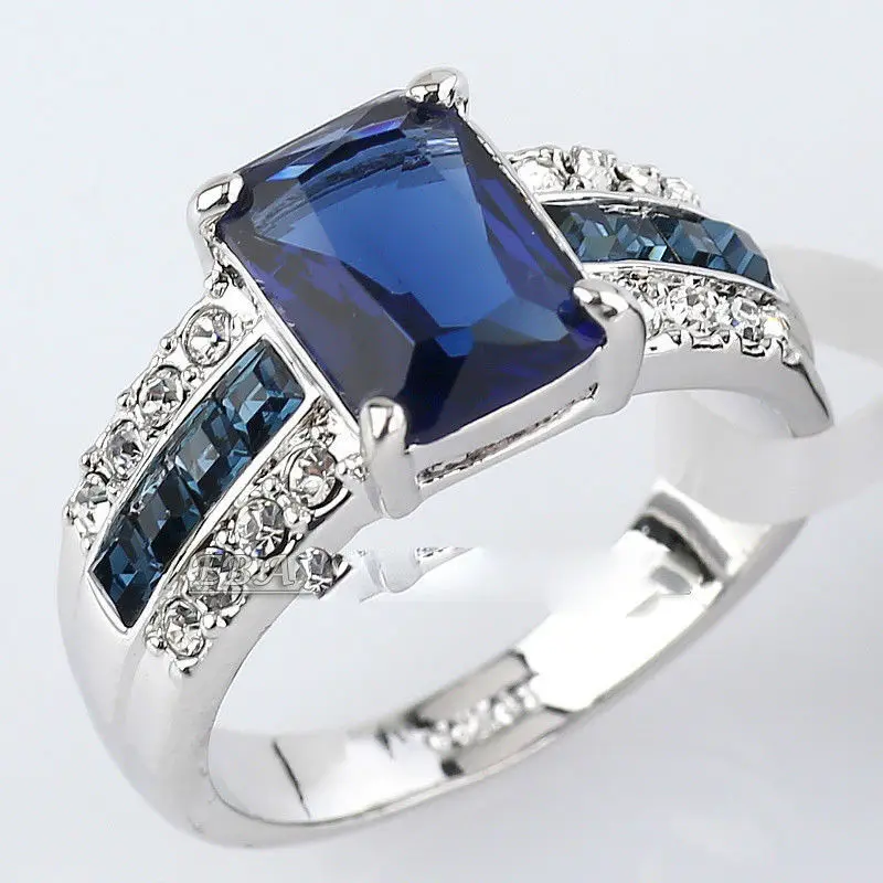 Free shipping Simulated Sapphire Fashion Ring 18KGP use Crystal Size 5.5-10