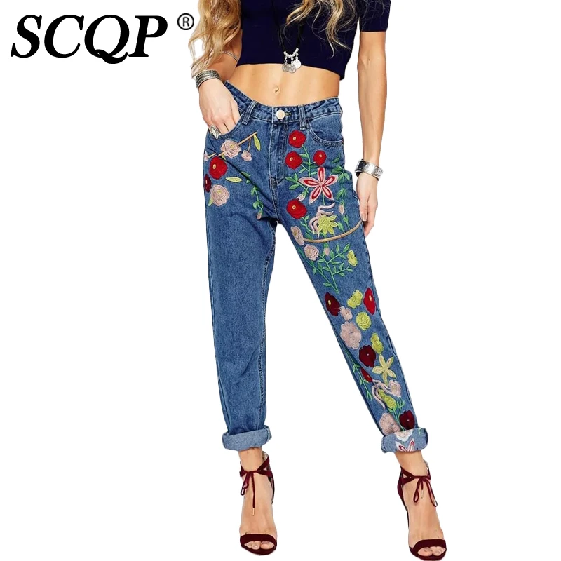 

SCQP Colorful Floral Pockets Blue Jeans With Embroidery Ladies Cowboy Fashion Denim Pants Women Autumn Casual 2016 Jeans Woman