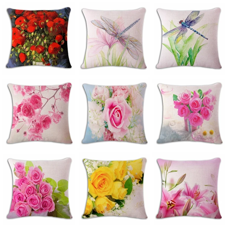 

Dragonfly Rose Cushion Cover Woven Linen Family Affection Sofa Seat Family Home Decorative Throw Pillow Case Housse De Coussin