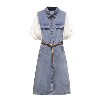 

plus big size women clothing 2019 spring autumn winter korean vestidos false 2 peice short sleeve denim dress W1030