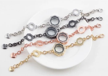 

5PCS 24*24mm Full Rhinestone hexagon glass floating lockets bracelet Living Memory Locket Bangles fit floating charms