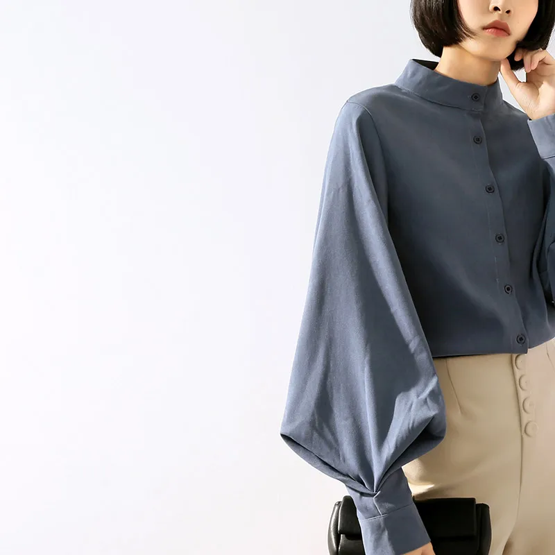 Длинная широкая блузка с рукавом-фонариком, Женские топы и блузки, винтажные рубашки на пуговицах со стоячим воротником, женские весенние модные топы
