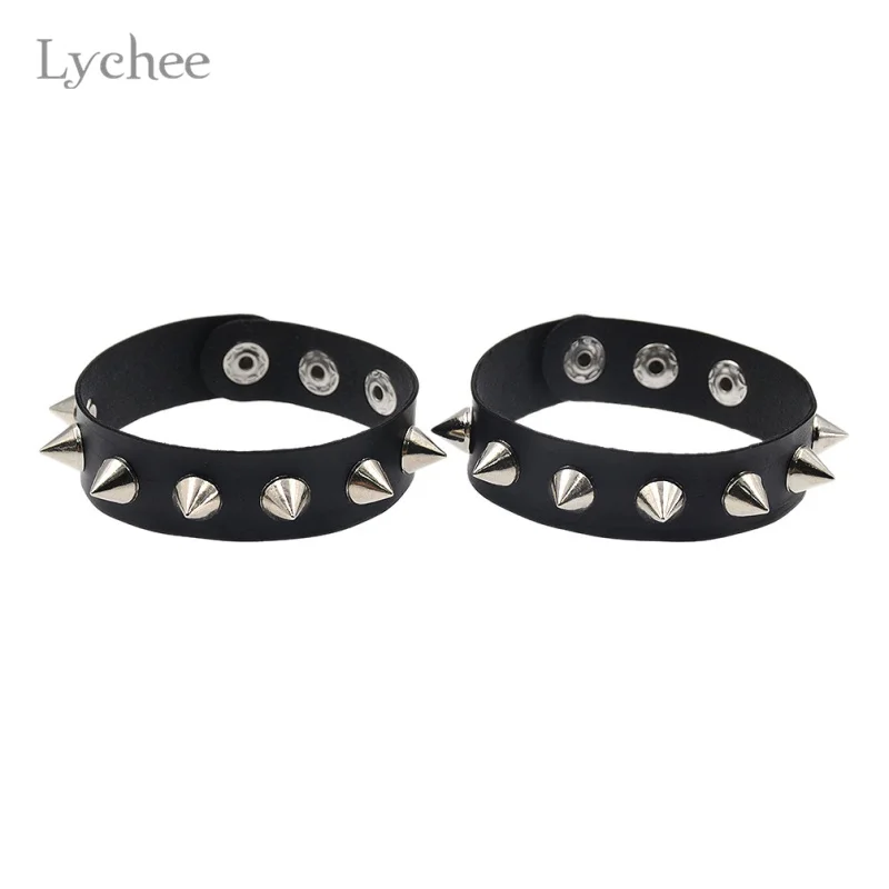 

Lychee 2pcs/Lot Gothic Punk Metal Spikes Rivet Black Leather Bracelet Wristband Cuff Bangle Jewelry for Men Women