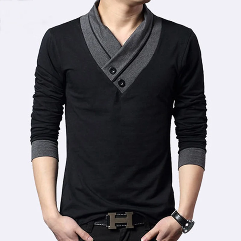 Long Sleeve T Shirt Men V Neck With Vintage Button Slim Fit Nice New Brand Fashion Casual Mens Tshirt Patchwork Male Top Tees | Мужская