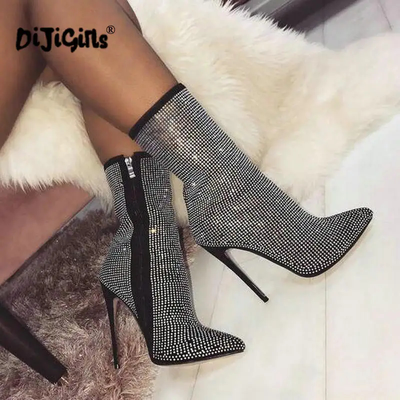 

dropship New Autumn Winter Glitter Shoes Woman Chelsea Boots Sexy Pointed Toe 11cm Thin High Heels Ankle Boots Women Silver