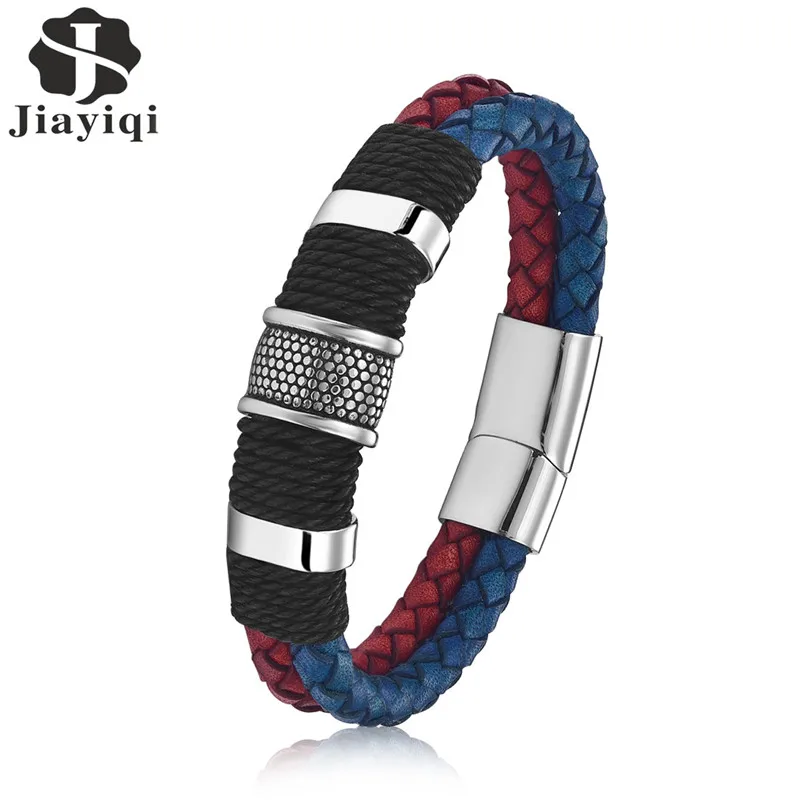 

Jiayiqi Braid Genuine Leather Bracelet Black / Brown / Blue /Red Color Men Bangle Titanium Stainless Steel Buckle Male Jewelry