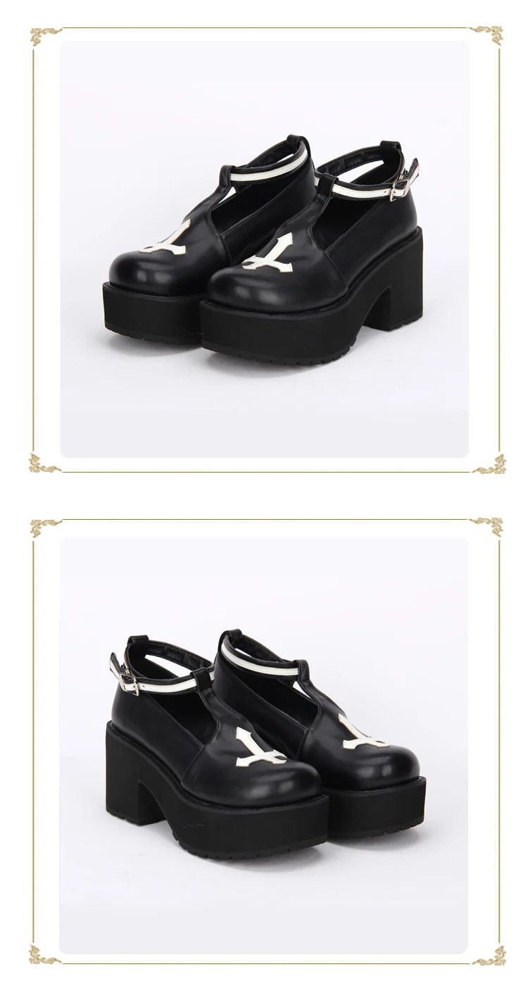 Черно-белые туфли в готическом стиле с перекрестными ремешками в стиле панк; Туфли Лолиты на толстом каблуке и платформе; сезон весна-осень; обувь для девочек