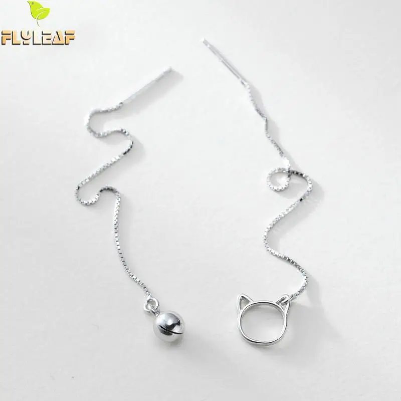 

Flyleaf 100% 925 Sterling Silver Bell Hollow Cat Long Tassel Drop Earrings For Women Simple Fashion Party Jewelry