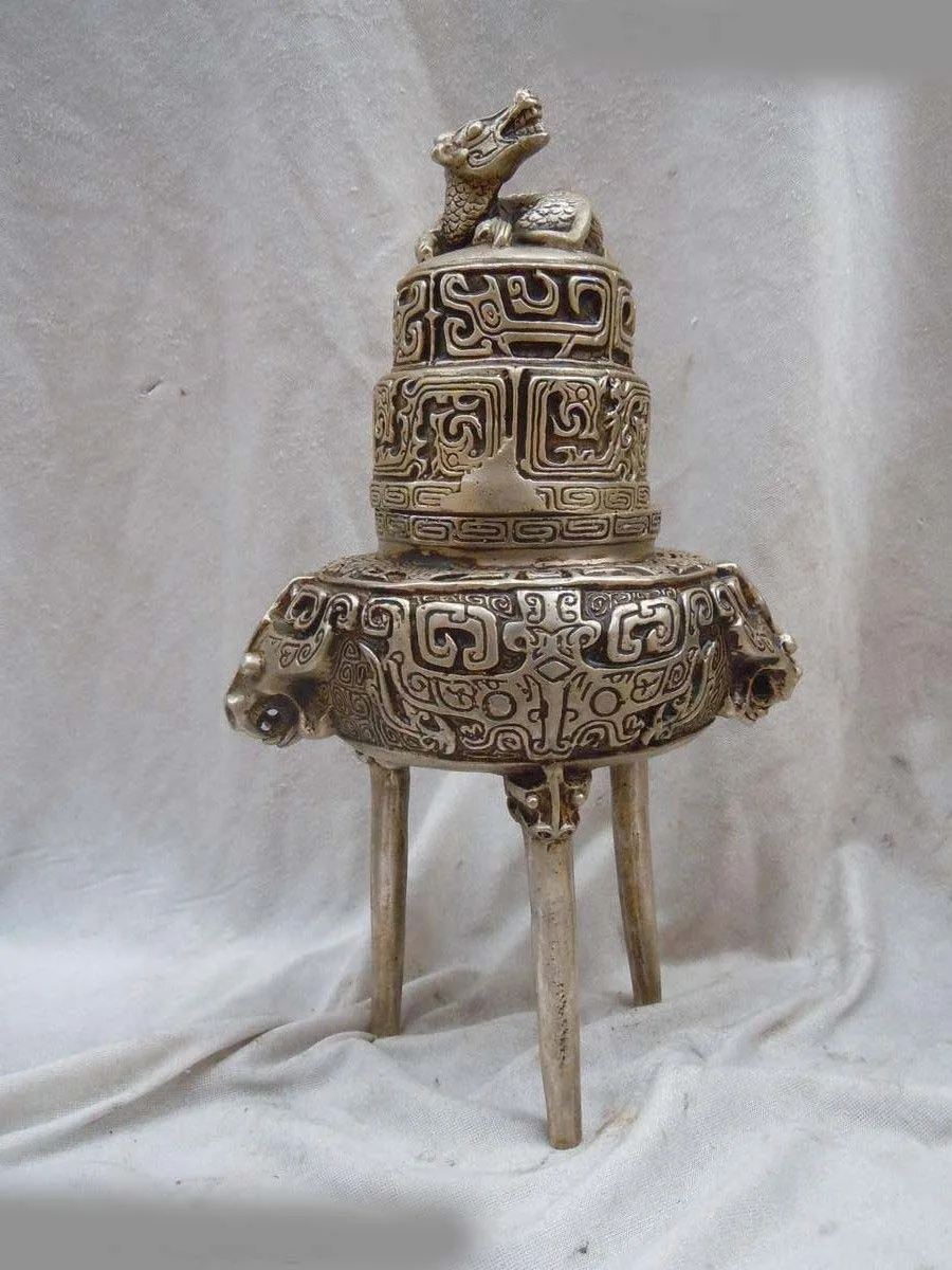 

10 Inch China silver carved luck kylin Three-legged censer Incense Burner statue
