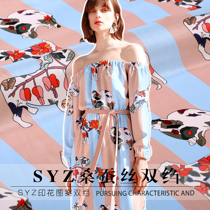 

Piebald dog digital print silk crepe de chine fabric16mm micro-transparent silk cloth clothing shirt natural silk fabric