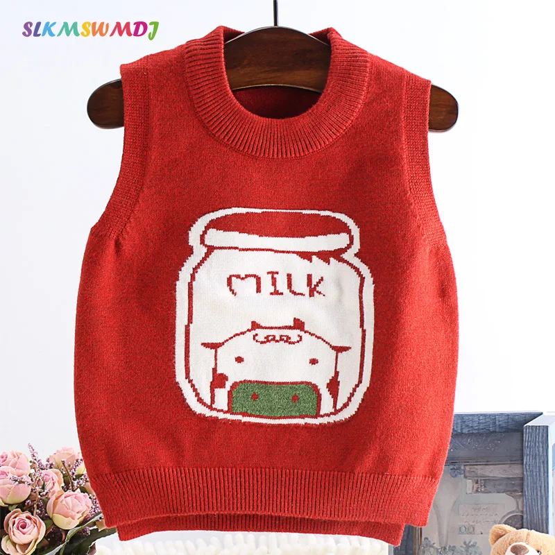 SLKMSWMDJ new autumn and winter children's sweater vest boy girl knit sweater cute cartoon pattern baby comfort vest 15 colors