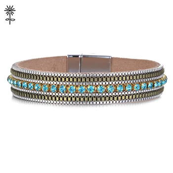 

10pcs/lot Jewelry Rhinestone Round Multilayer Leather Bracelets Bangles Alloy Chain with Magnetic Clasp Plusera Jewelry B-021*10