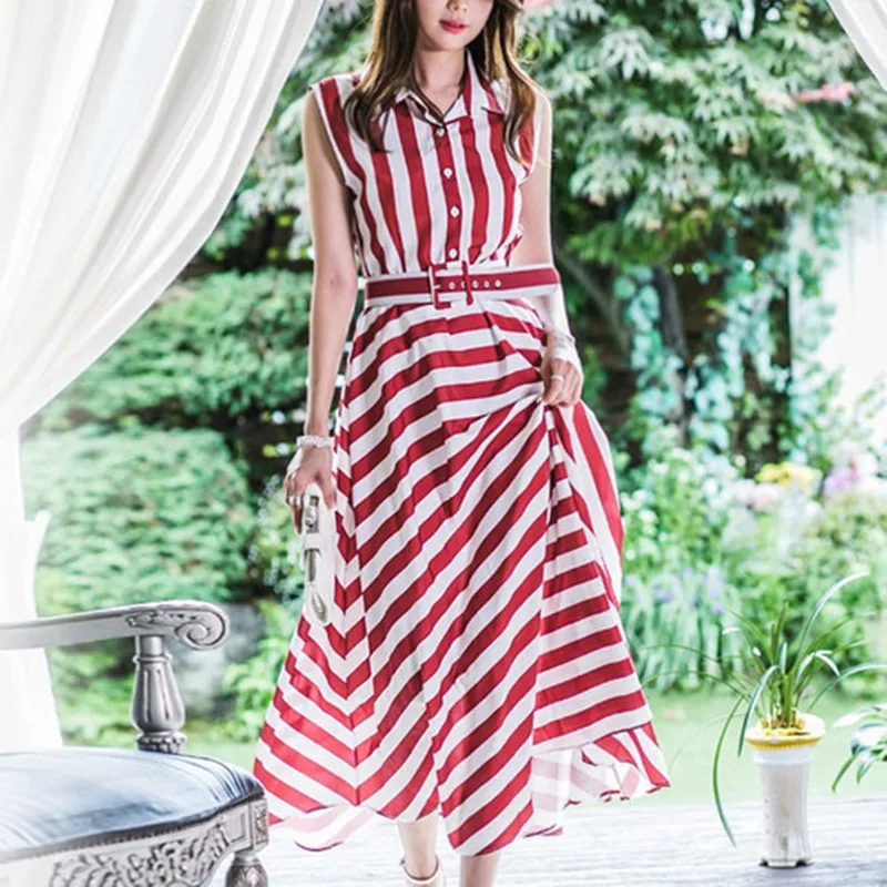 

Stripe Maxi Dress Elegant Vintage Women Holiday Robe Red Boho 2019 Fashion Sleeveless Belt Big Swing Long Dresses