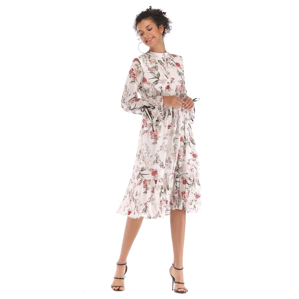New Spring O-neck A-line Lace Hem Long Sleeve Solid Elegant Lace Dress Women Fashion Dress Party Vestidos
