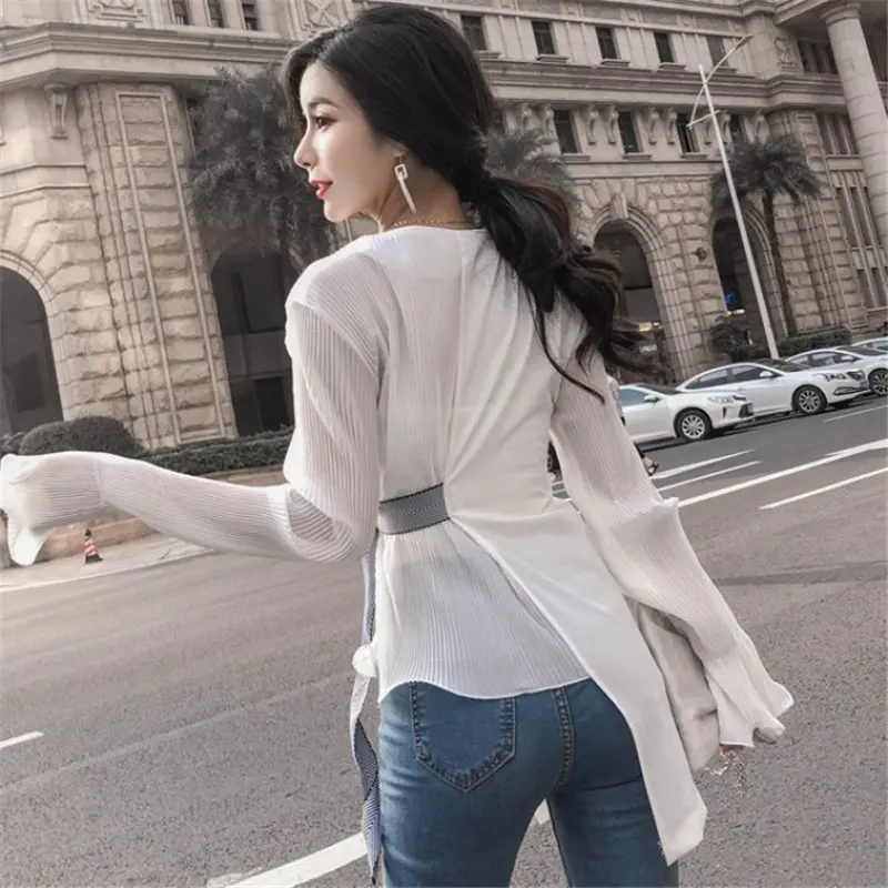  Woherb Perspective Shirt Womens Tops And Blouses Asymmetry Bandage Blusas Slim Thin Blouse 2020 Kor