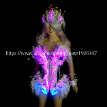 Fashion Led Luminous Ballroom Women Costume Sexy Lady Dancing Nightclub Party Stage Dress Clothing With Headwear