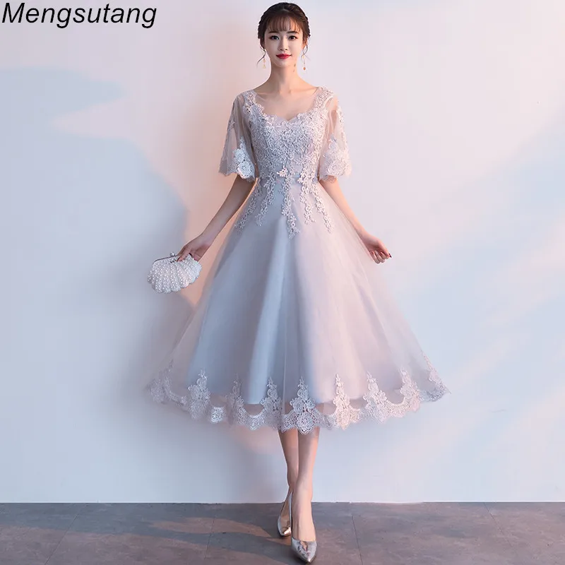 

Robe de soiree New Arrival Gery Luxury O-Neck Half Sleeve Embroidery Lace up Evening Dresses A-line Tea Length Formal Dress