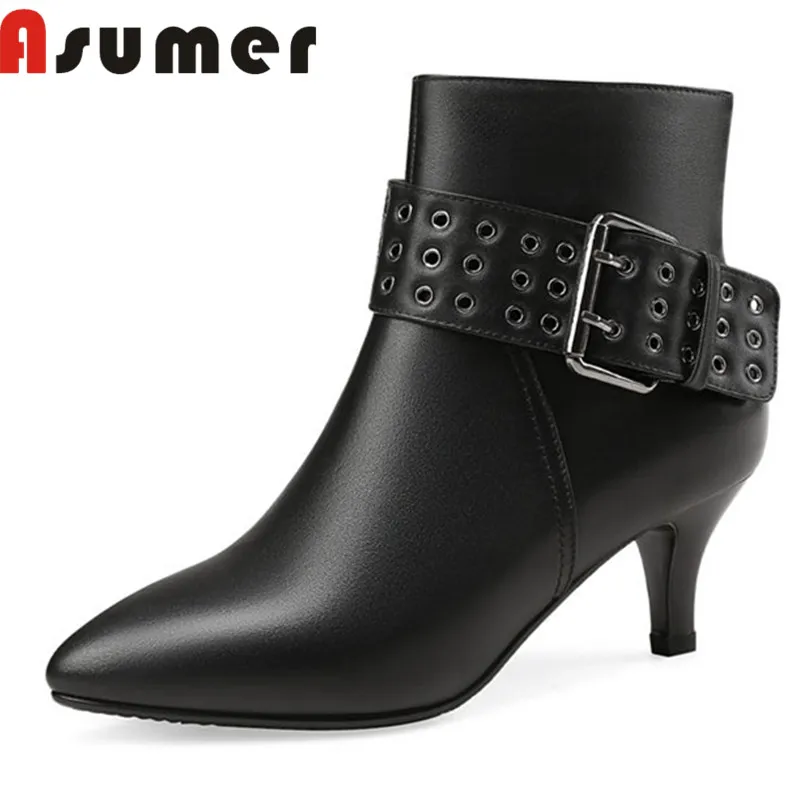 

ASUMER NEW 2018 metal buckle adult ankle boots for women shallow fashion boots thin heels pointed toe genuine leather boots