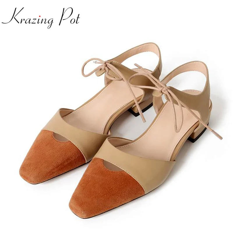 

Krazing Pot fashion 2018 mixed color ankle lace up hollow low heels European movie star summer sandals women luxury shoes L08