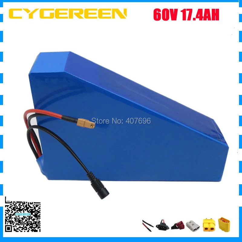 Top 60V 17.4AH triangle battery 60V 17AH electric bike lithium battery use NCR18650PF 2900mah cell 30A BMS with free bag 2A Charger 3