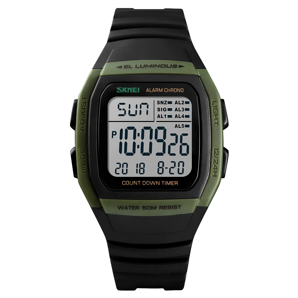 Army Green SKMEI, модные мужские часы, спортивные цифровые часы, водонепроницаемые, с будильником, мужские наручные электронные часы, мужские часы - Цвет: Army Green