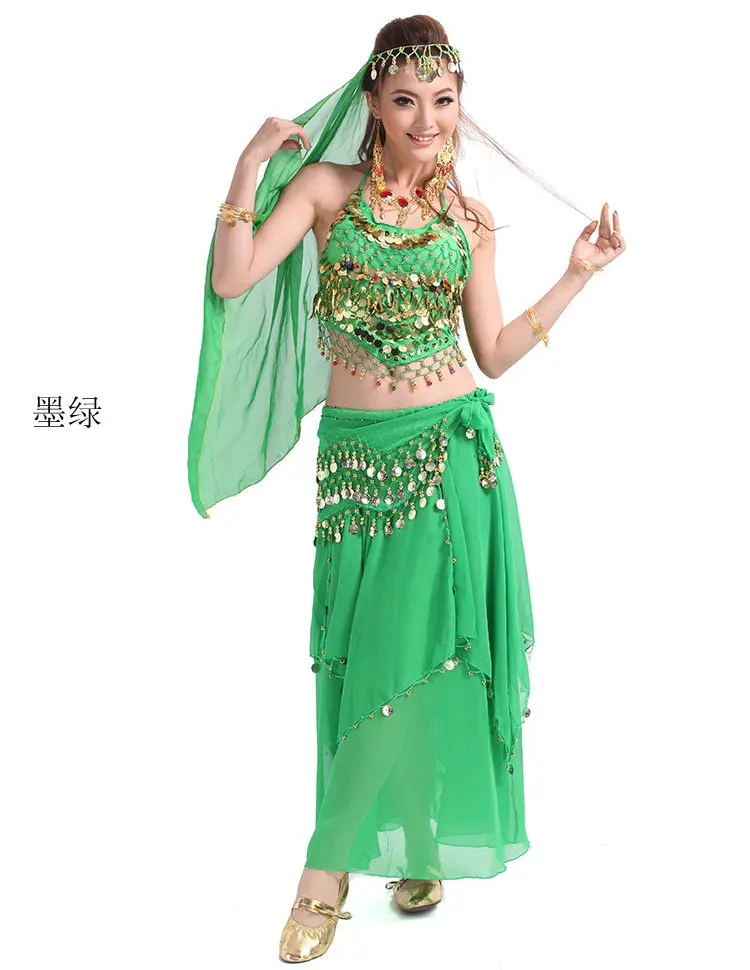 4 предмета в комплекте живота Танцы костюм Болливуд Индийский платье Египет живота Танцы модельные туфли женские живота Танцы костюм - Цвет: Green