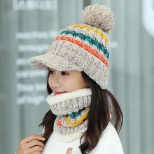 Новинка, зимние женские шапки с козырьком, смешанные цвета, вязанная шапка, бини, облегающие Женские шапки из плотного бархата, Теплый головной убор, шапка, шарф, набор