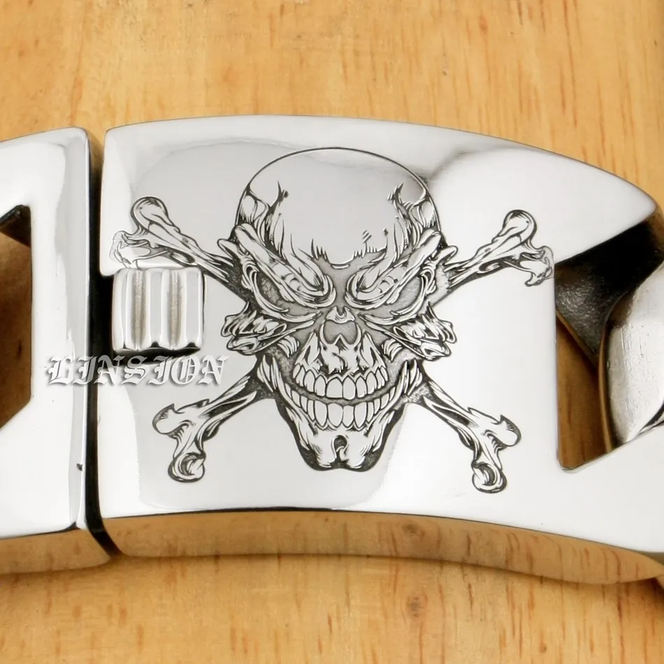 LINSION 6 Lengths Deep Laser Engraved Pirate Skull Huge Heavy 316L Stainless Steel Mens Biker Rock Punk Curb Link Bracelet 5C104 LINSION 6 Lengths Deep Laser Engraved Pirate Skull Huge Heavy 316L Stainless Steel Mens Biker Rock Punk Curb Link Bracelet 5C104