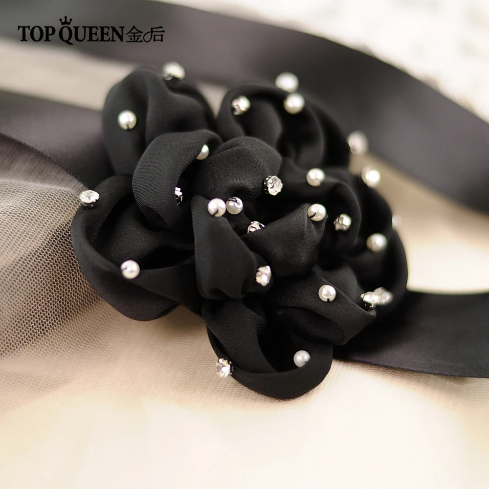 TOPQUEEN S223 блестящий черный пояс ручной работы элегантный цветок невесты лента для подружки невесты пояс для невесты с лентой тонкий свадебный пояс